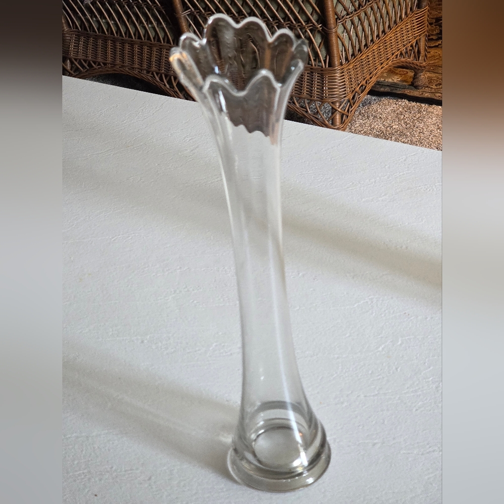 Vintage Tall Clear Ruffled Edge Glass Vase